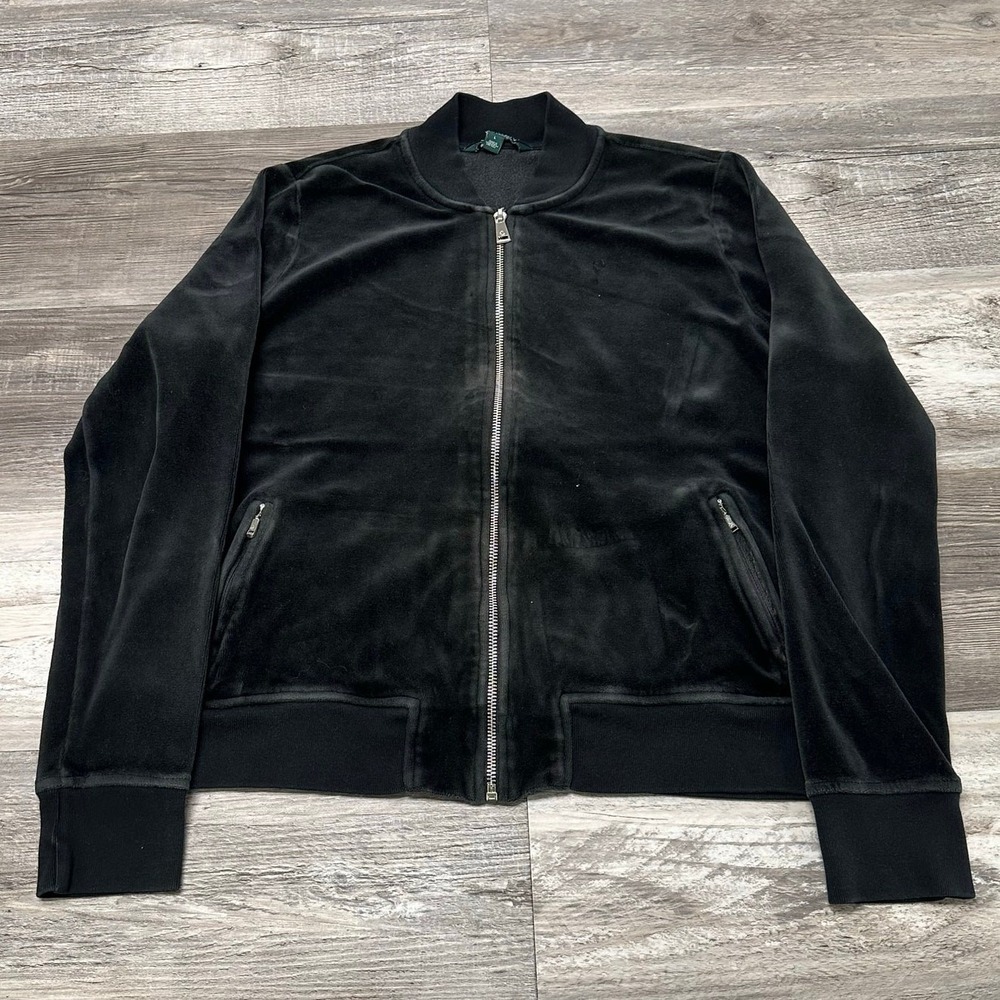 Lauren Ralph‎ Lauren Black Gray Womens L Zip Stand Up Collar Velour Track Jacket